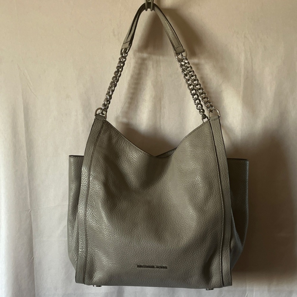 Michael Kors Pebbled Gray Leather Shoulder Bag, Chain Accent, Silver Hardware